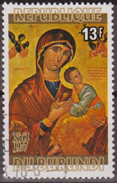 Burundi 1977 Scott 532 Sello * Christmas Madonna & Child de J. Lombardos 13F Preobliteré Matasello de Favor